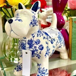 Floral Botanical Blue and White Ceramic SCHNAUZER Figurine